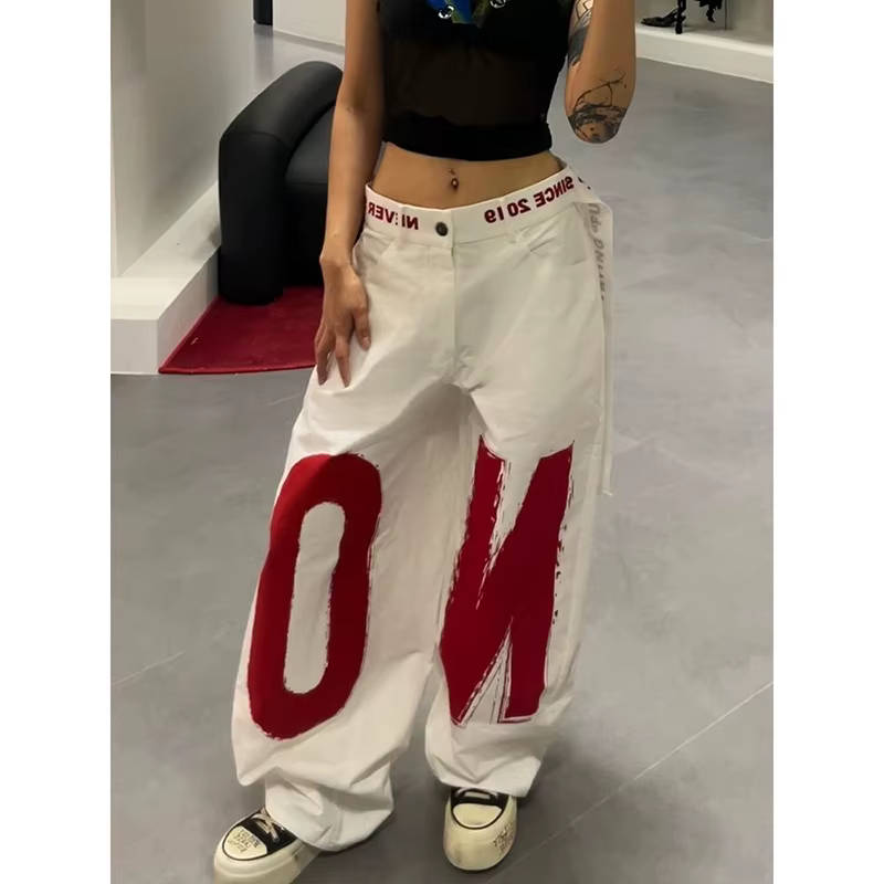 ZHIZOU femmes blanc lettre imprimer Y2k Baggy jean 2000s Style Denim pantalon Harajuku Vintage surdi