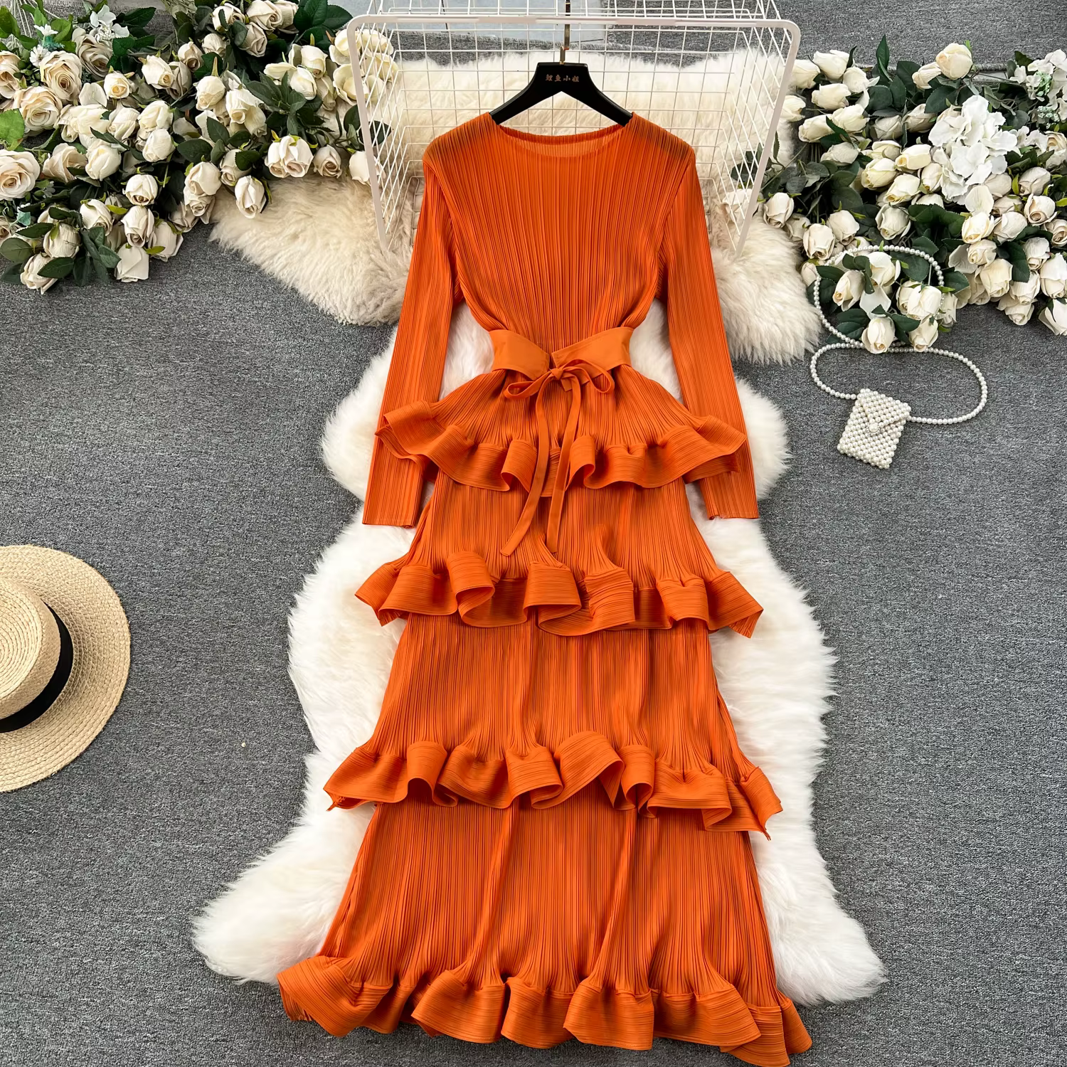 Robe trapèze en mousseline de soie plissée à volants pour femmes, manches longues, élégante, vintage