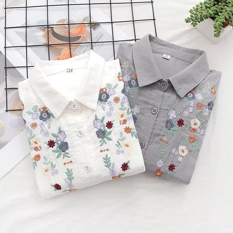 Chemise brodée de fleurs en fil double couche pour femmes, chemisier en coton femme, manches longues