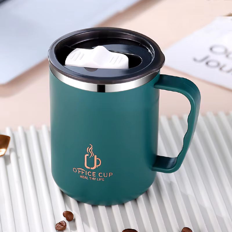 Tasse à café à double couche en acier inoxydable 500 avec couvercle et poignée en plastique, bouteil