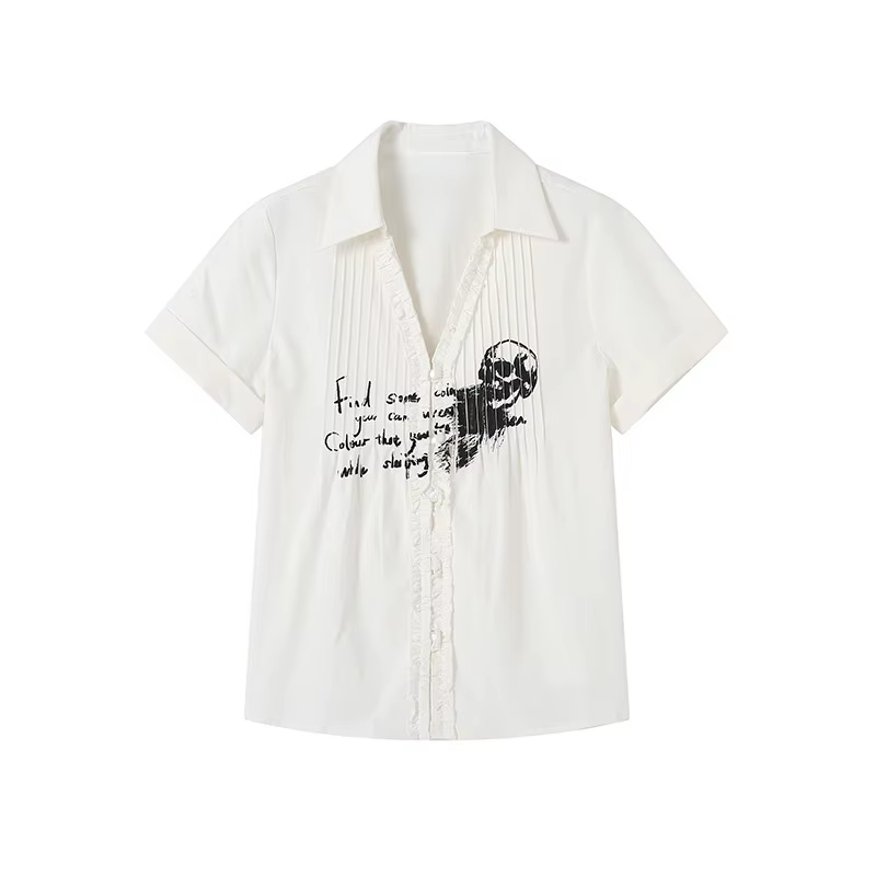 Chemise Plissée Grunge Gothique à Imprimé Tête de Mort, Blouse Blanche à Col en V, Style Japonais de