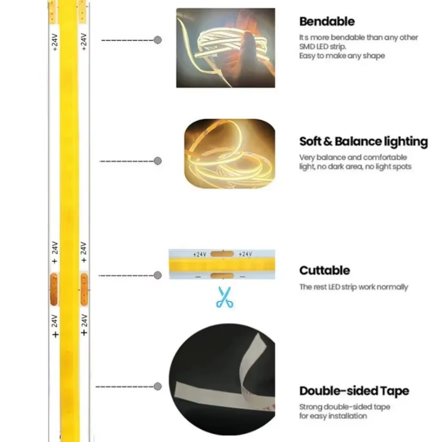 Bande lumineuse LED COB ultra fine avec prise CC, éclairage linéaire à intensité variable, décoratio