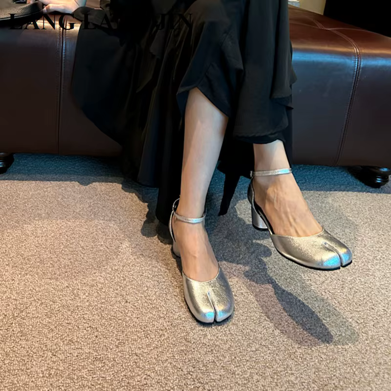 Escarpins Tabi Ninja à bout fendu pour femmes, chaussures à talons ronds de 5cm, Mary Janes, sandale