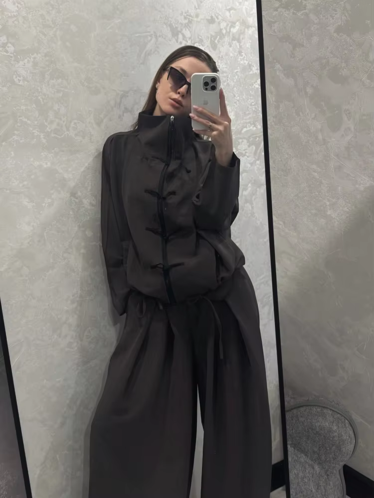 Ensembles assortis pour femmes 2026 : Veste unie à col montant et pantalon ample à manches longues a