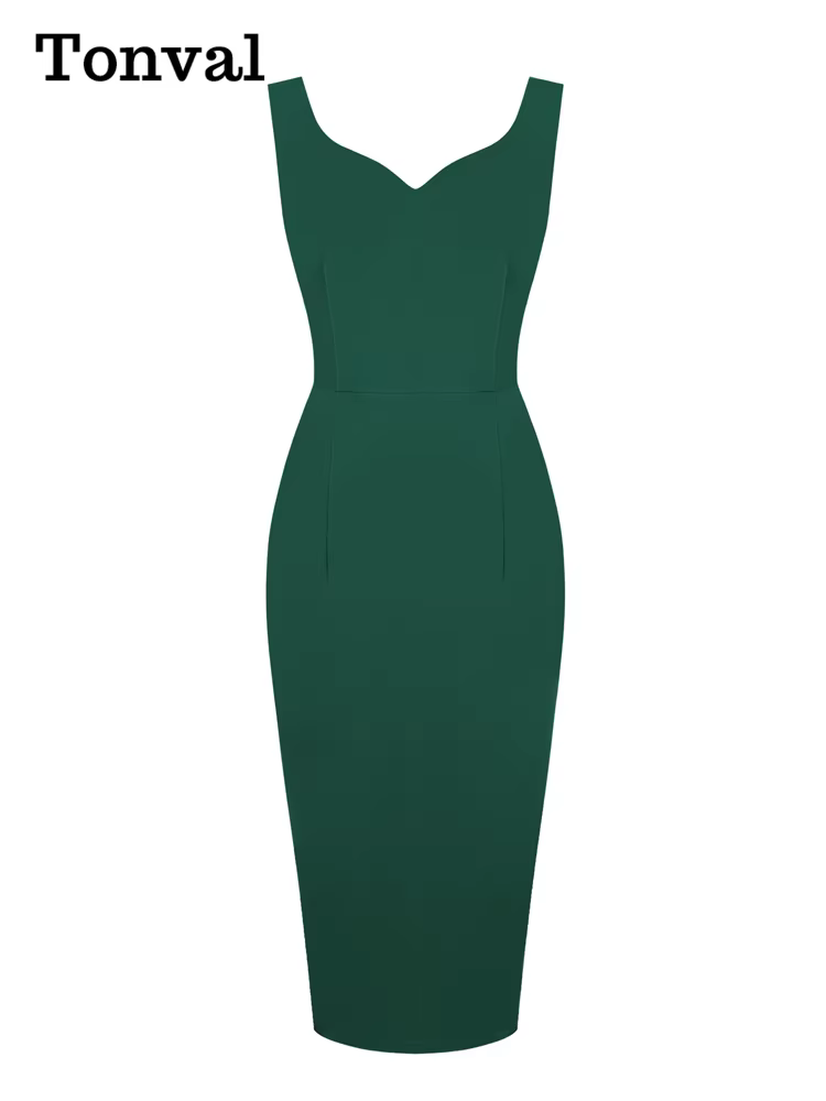 Tonval – robe crayon mi-longue pour femmes, col en cœur, sans manches, bureau, Vintage, rouge, coule