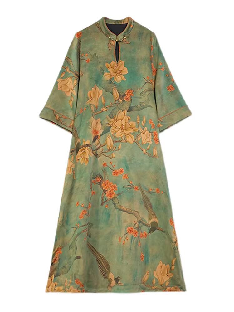 Robe maxi verte à manches longues pour femmes, col montant, vintage coréen, luxe élégant, automne, h