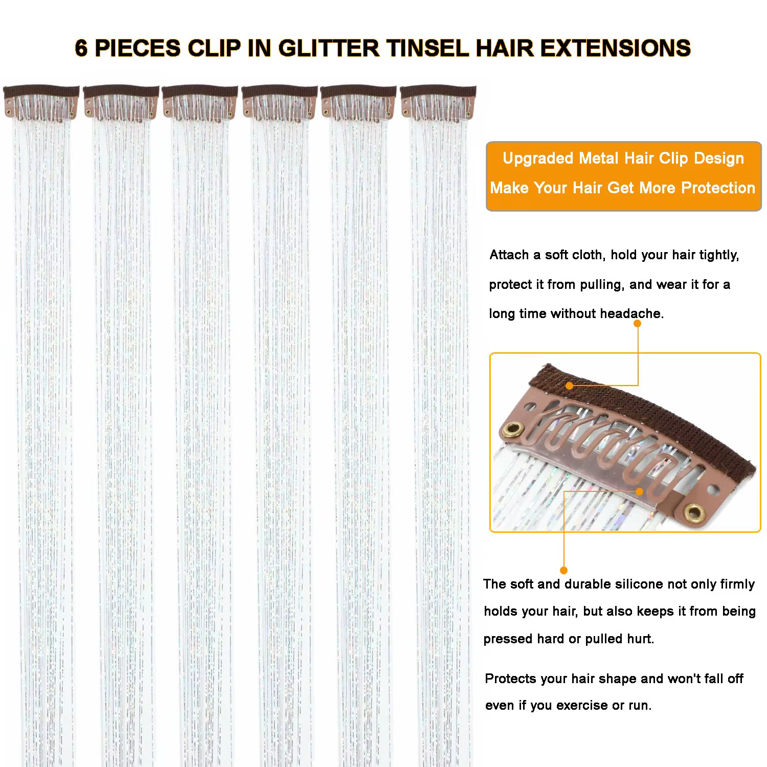6 pièces pince à cheveux en 23.6 pouces paillettes synthétique pince à cheveux en cheveux Kit de gui