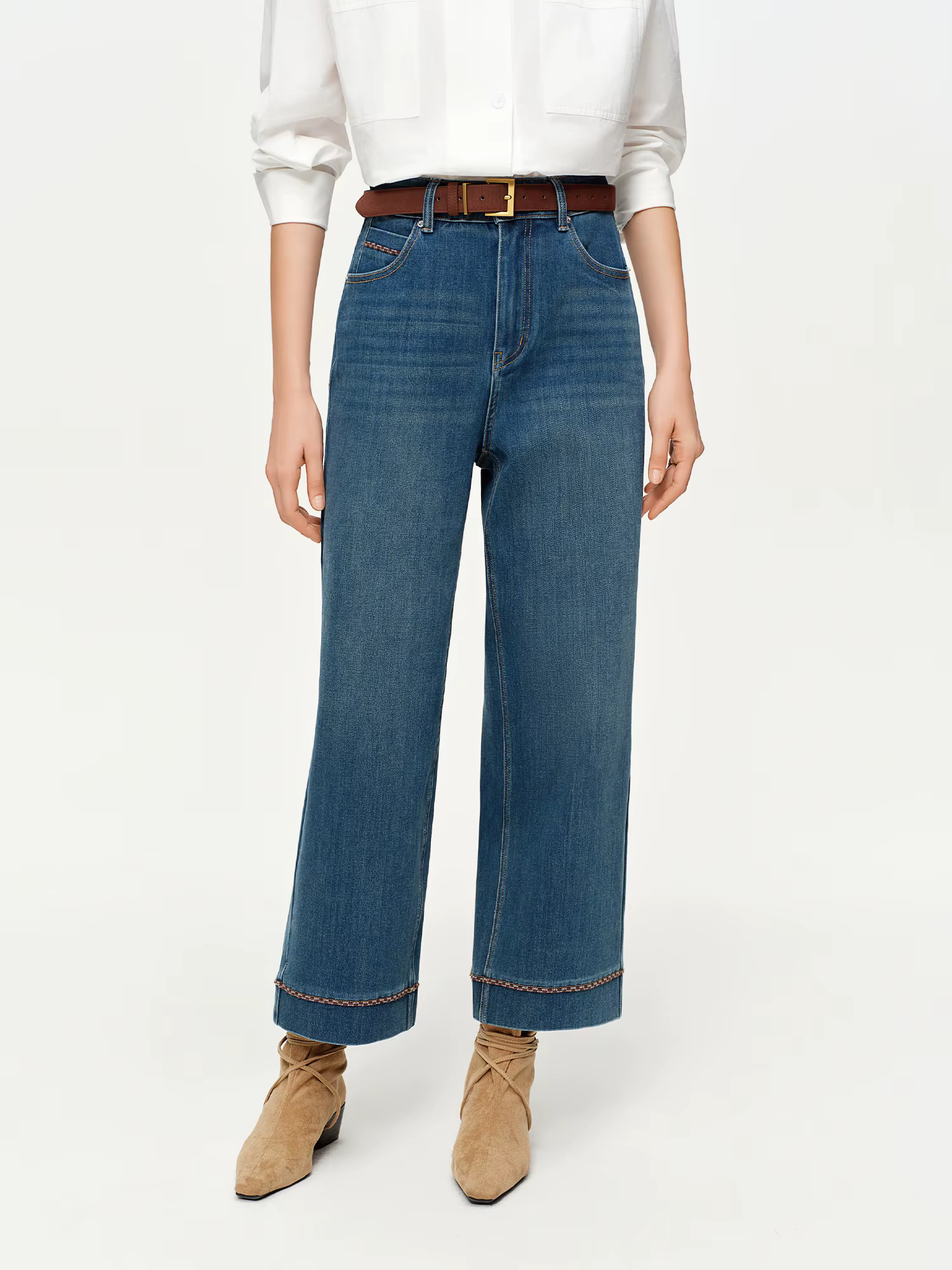 DUSHU Double longueur jean femmes taille haute coupe ajustée classique Baguette pantalon taille haut