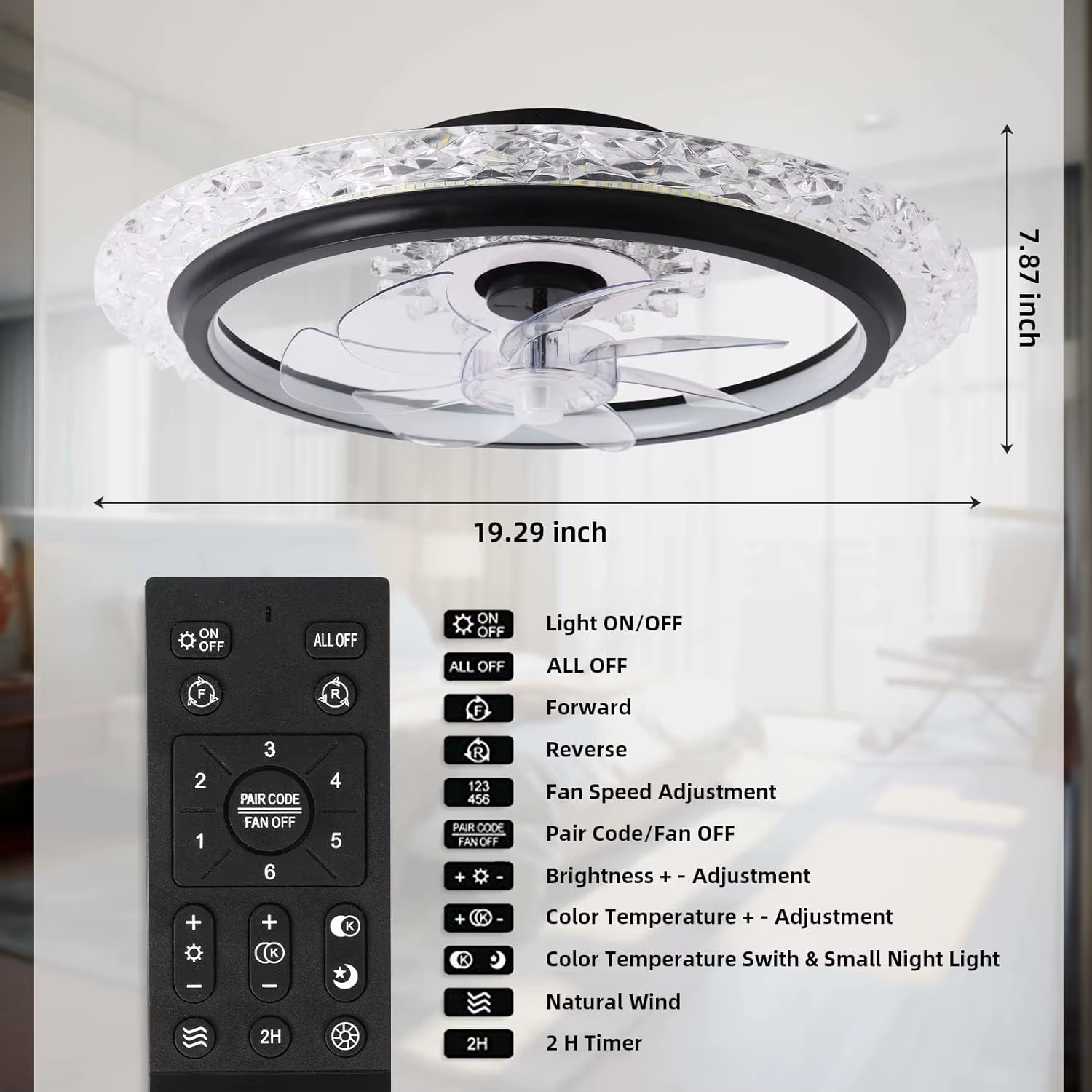 Gérwith Lights and Remote, Plafonnier en cristal à montage encastré noir, 20 po, 3 couleurs, chronom