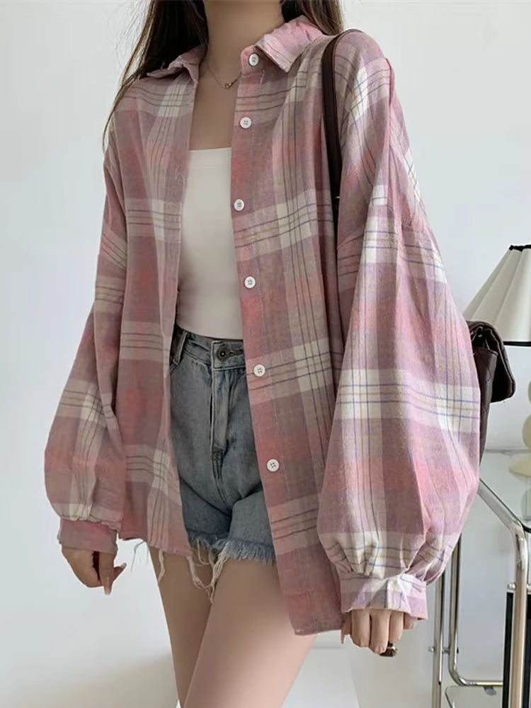 Chemise à carreaux pour femmes, haut à manches longues, Vintage, mode, simple boutonnage, Style Prep