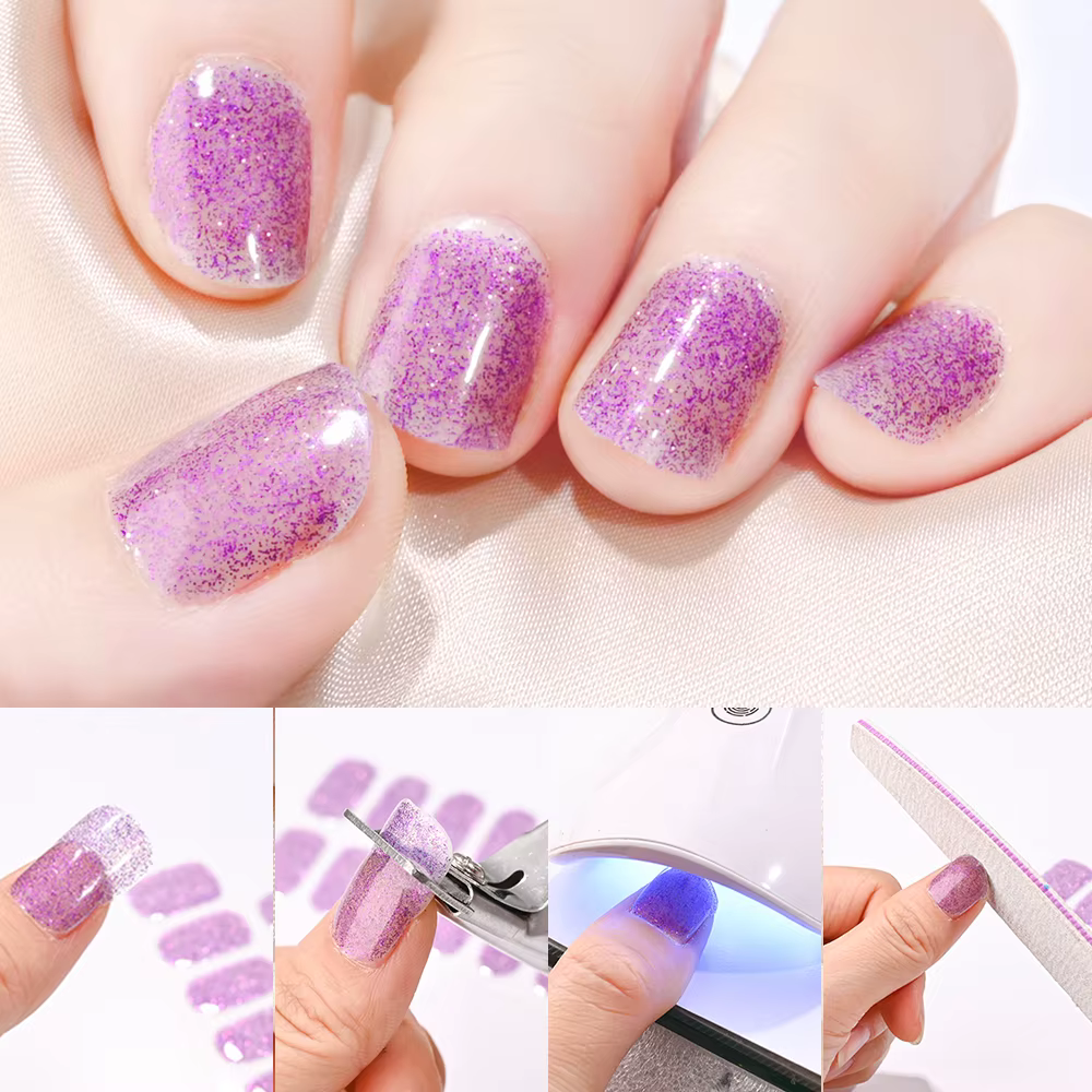 Autocollants pour ongles semi-durcis noirs français, 16 pointes, avec paillettes, Gel UV longue duré