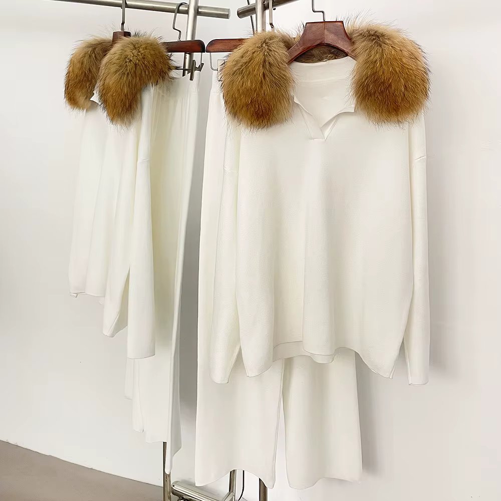 Réalité fourrure veste pull ensemble femme printemps tricoté costume tricots femme réel renard col d