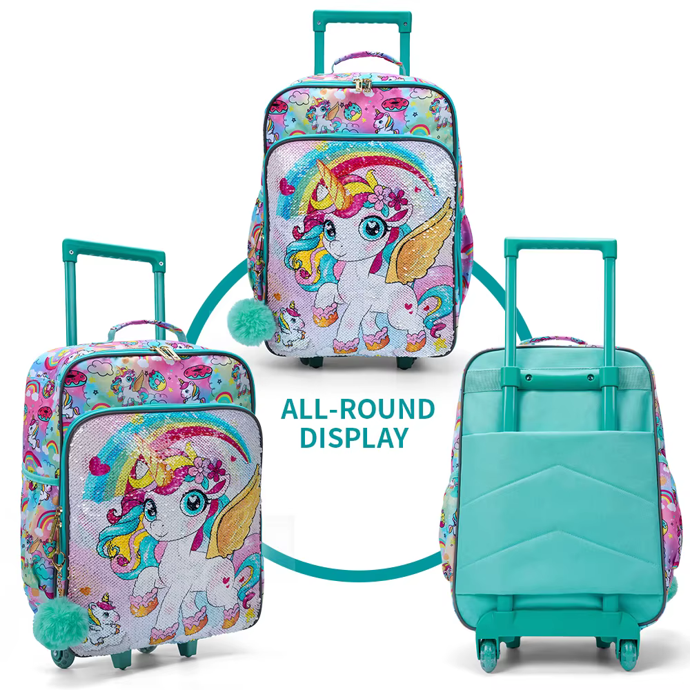 Valise de voyage à roulettes pour enfants, valise à main verte, design de dessin animé mignon et de