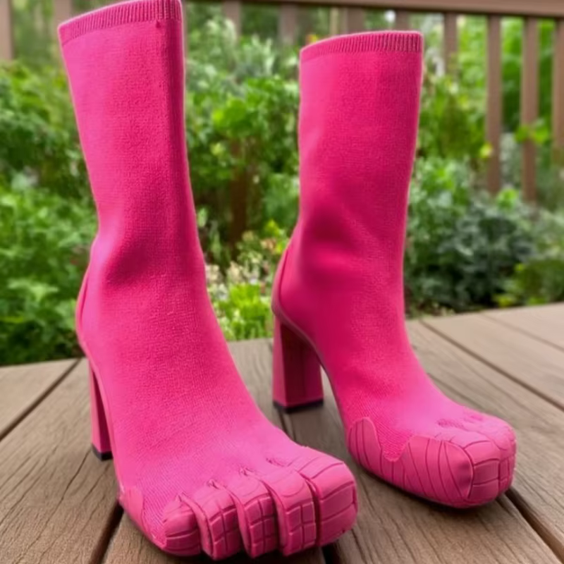 Femmes Fuchsia daim cinq doigts bottes en cuir noir bout fendu talon carré mi-mollet bottes sexy mod