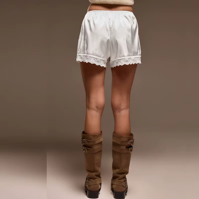 Short de salon en Satin pour femmes, taille élastique, dentelle, Patchwork, pyjama ample, vêtements 
