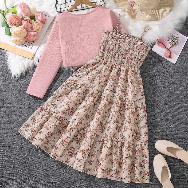 Ensemble de robe à bretelles froncée pour enfants, manteau à manches longues pour filles, robe de pr