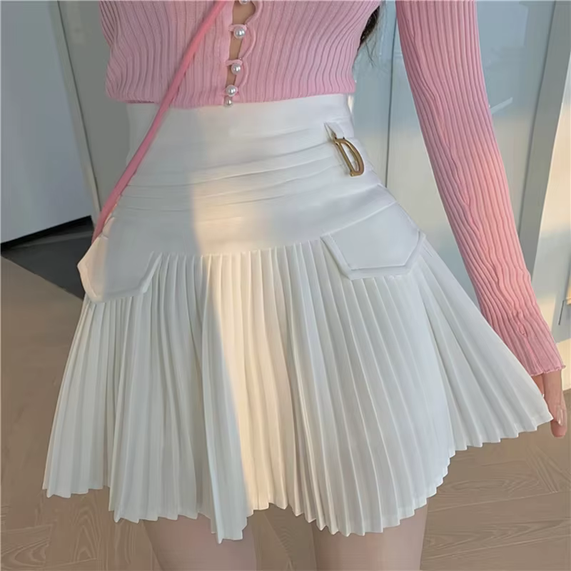 Zwarte Geplooide Rokken Vrouwen Hoge Taille Mini Rok métal lettre D Ontwerp a-lijn Clubwear Koreaans
