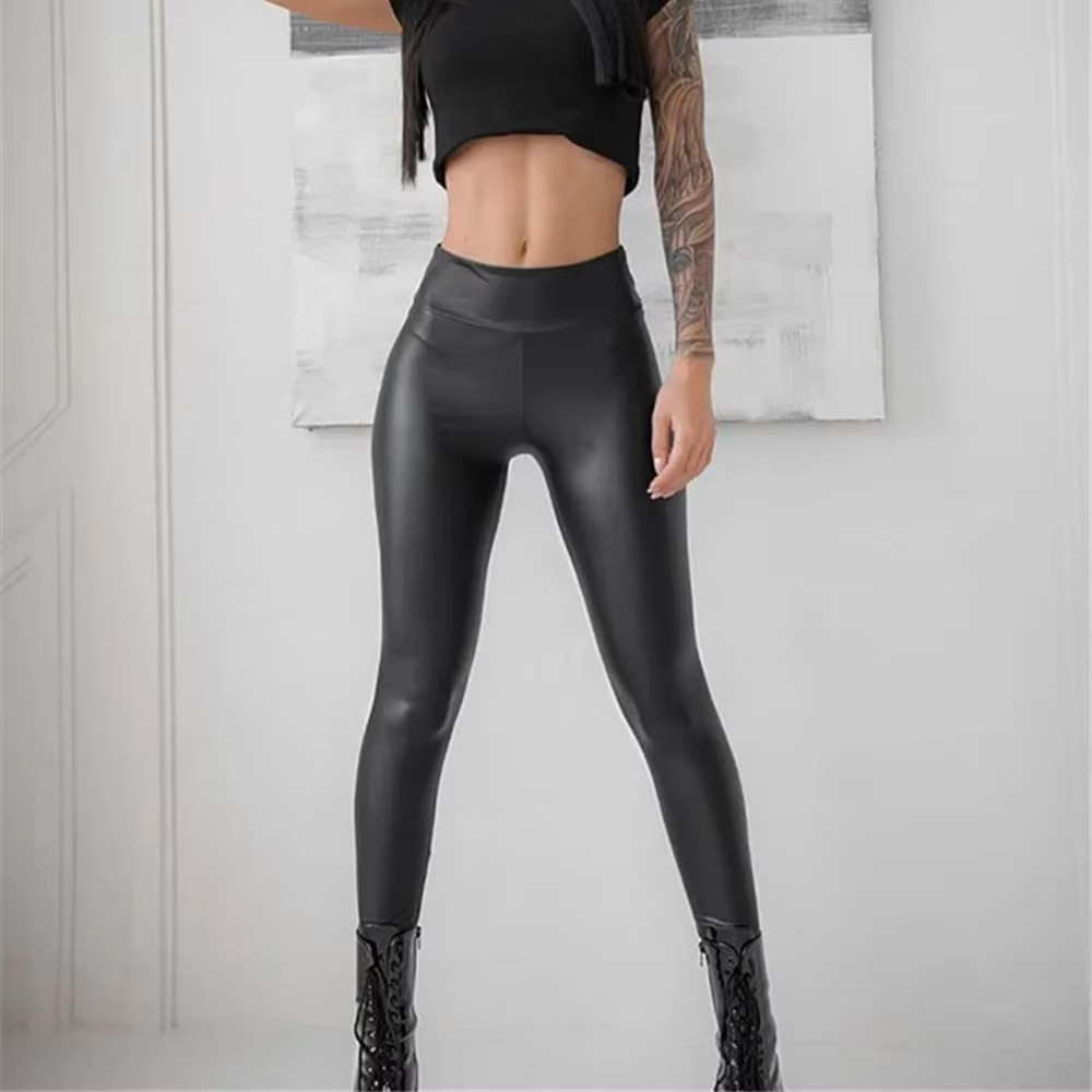 Leggings en cuir taille haute pour femmes, pantalons en PU, levage de la hanche, noir, décontracté, 