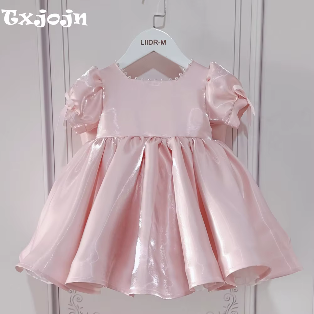 Robes pour enfants à manches bouffantes et perles roses, avec nœud, vêtements de spectacle de danse,