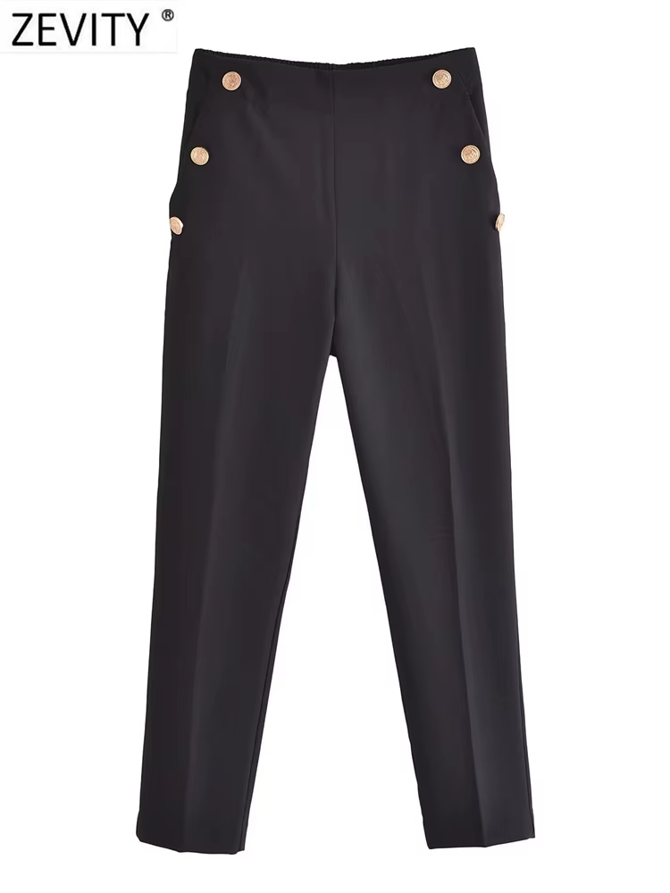 Zevity-Pantalon Crayon Décontracté pour Femme, Mode, Solide, Document, lèvent Dorés, Chic, Longueur
