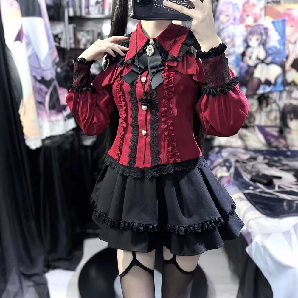 Ensemble Lolita pour femmes, haut en maille et jupe cintrée à la taille, cordon de Style de rue japo