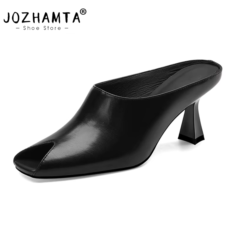 JOZHAMTA – sandales en cuir véritable pour femmes, taille 34-39, bout carré ouvert, talon haut fin, 