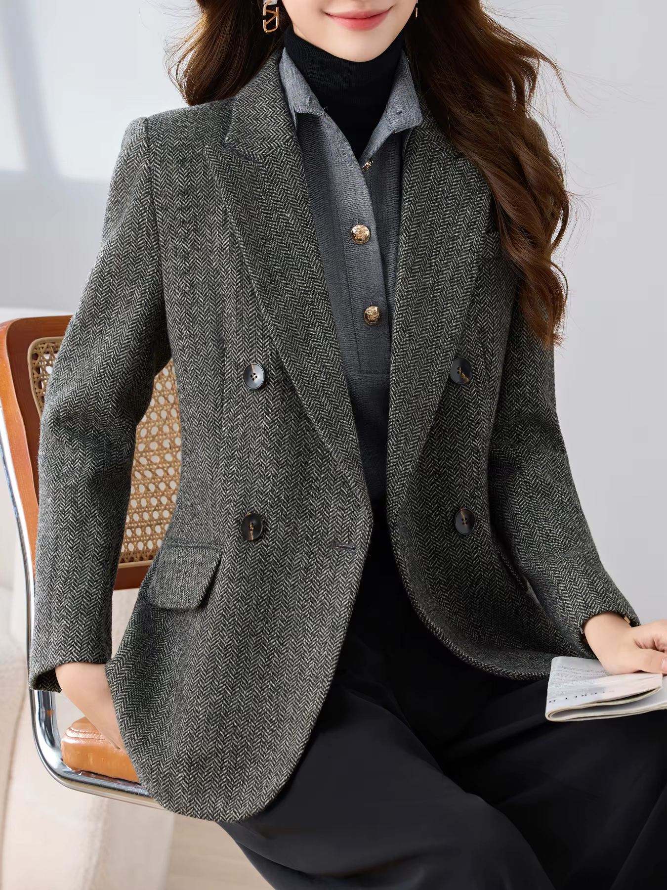 Blazer pied-de-poule à revers, Double boutonnage, avec ourlet fendu, Design élégant, couleur unie, h