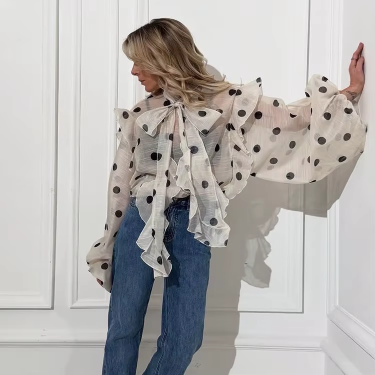 Nouvelle Blouse Femme Élégante Beige Imprimée 2026, Décontractée, Col à Lacets, Manches Bouffantes, 