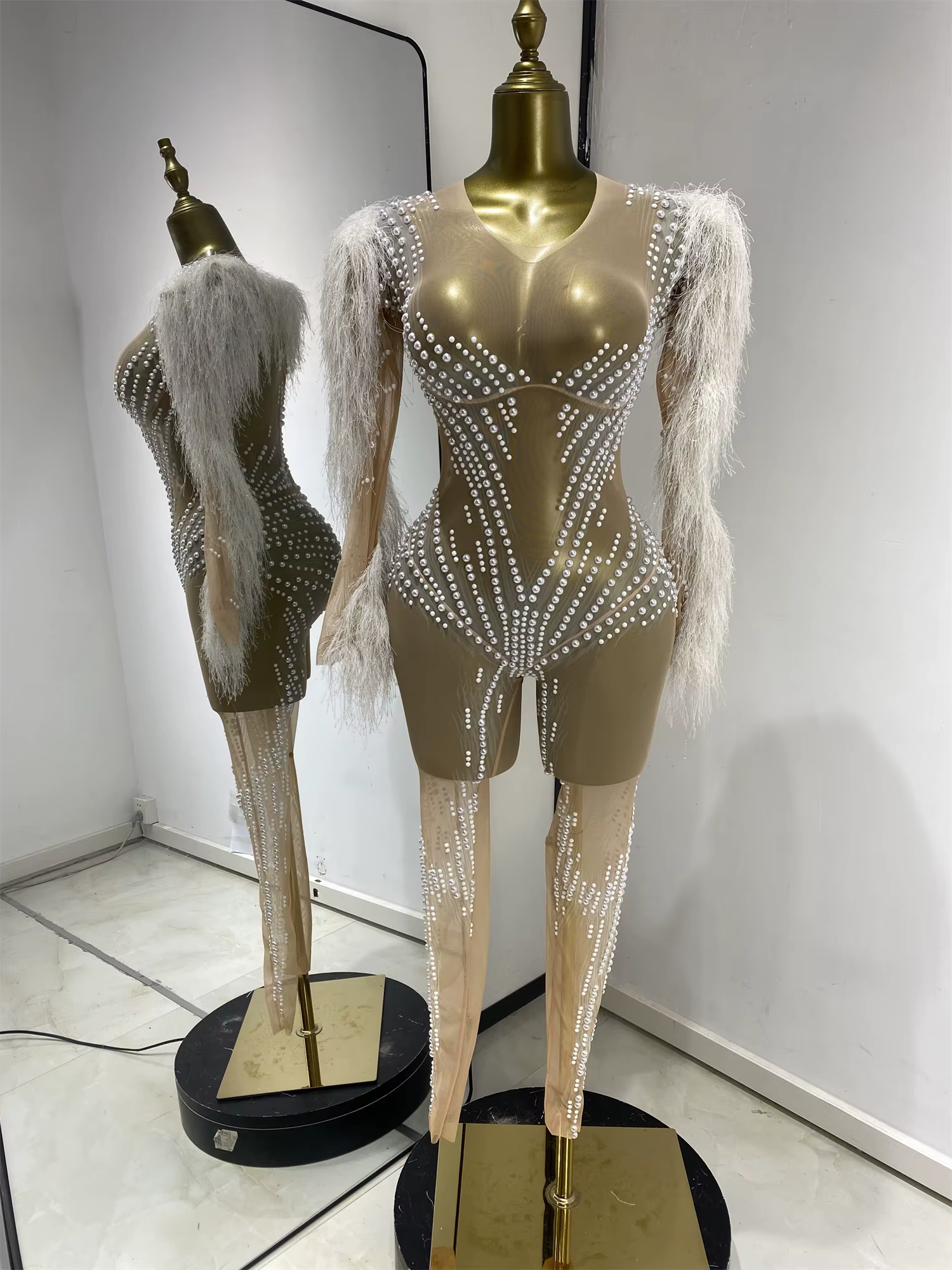 Costumes de scène pour boîte de nuit, combinaison transparente noire avec strass pour femmes, robe d