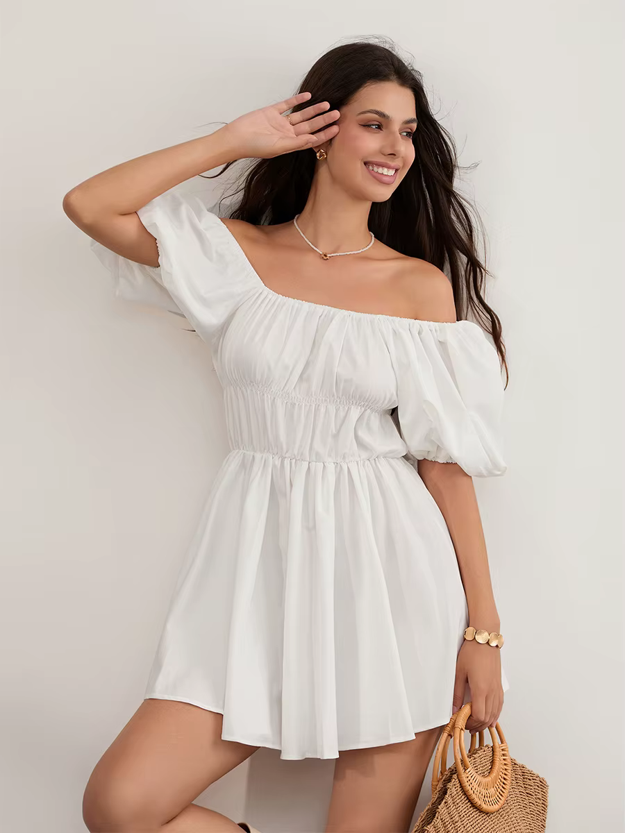 Robe d'été décontractée à manches courtes bouffantes pour femmes, tunique à épaules dénudées, mode s