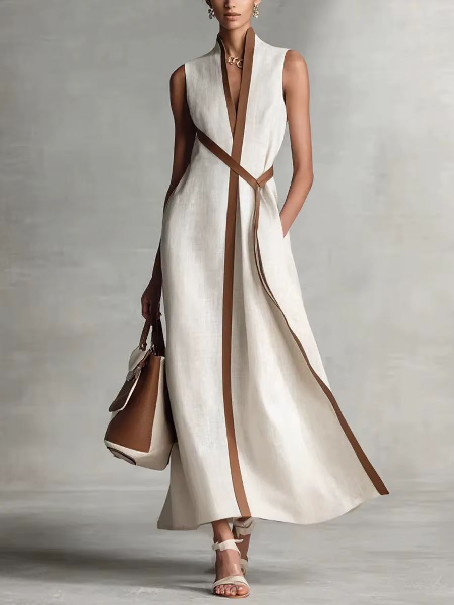 Nouvelle Robe Élégante Sans Manches Col V en Coton et Lin Coupe Slim Taille Haute Color-block 2026
