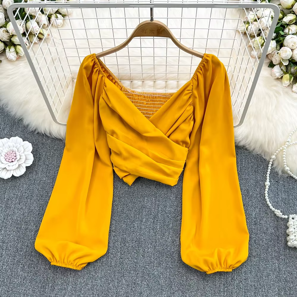 Chemisier slim croisé à manches longues bouffantes pour femmes, haut court plissé, chemise sexy, vêt