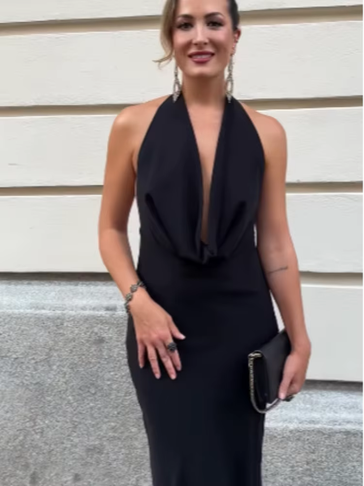 Robe Sexy à Col Halter Plongeant et Drapé, Dos Nu, Sans Manches, Coupe Ajustée, Robe de Soirée Pliss