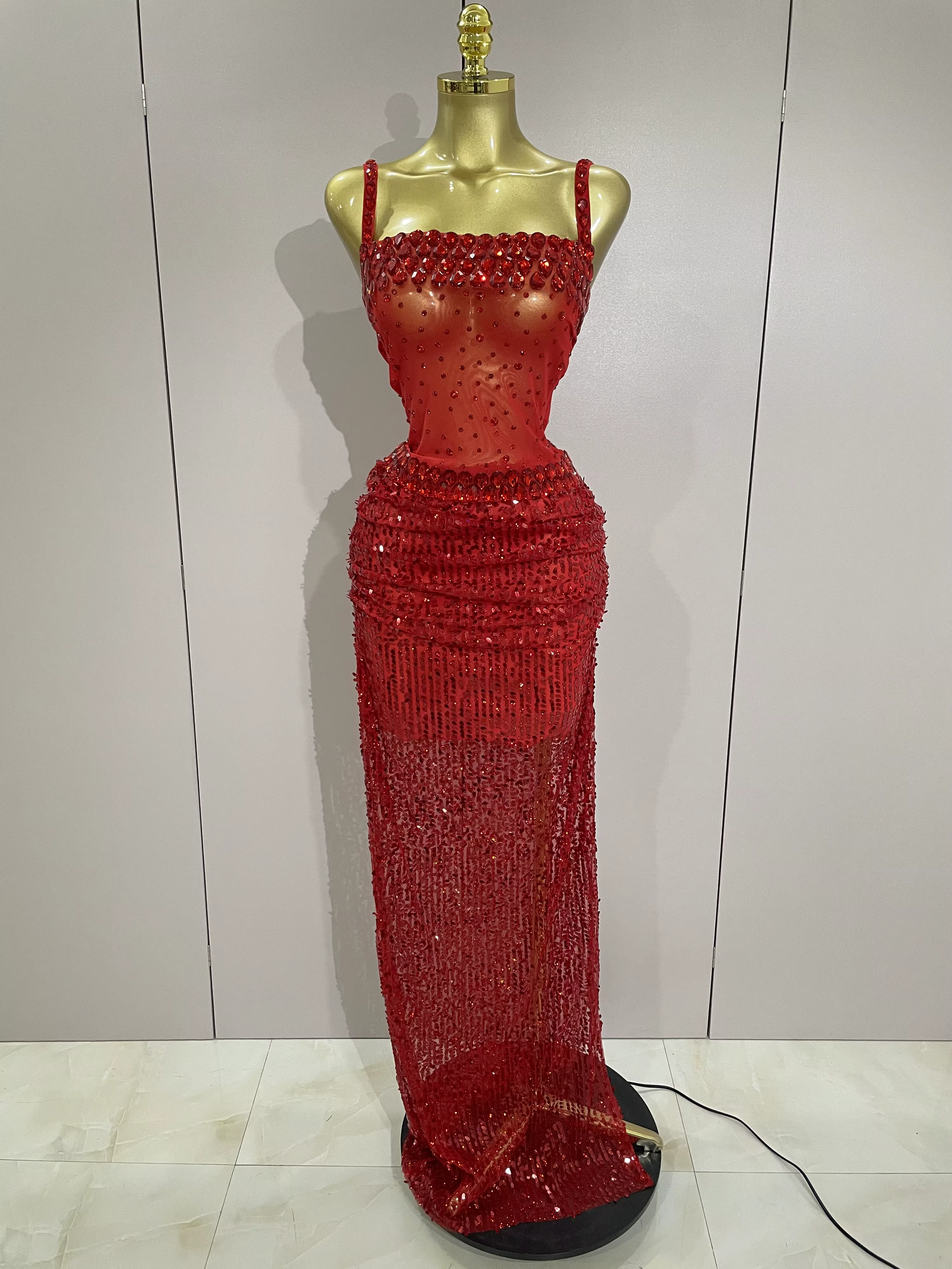Robe longue 2 pièces transparente et sexy avec strass rouges scintillants et paillettes, pour femmes