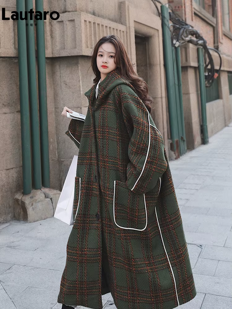 Lautaro-Combinaison Femme avec Capuche, Patchwork Blanc Chaud, Plaid Laine Mélanges, Mode Coréenne,