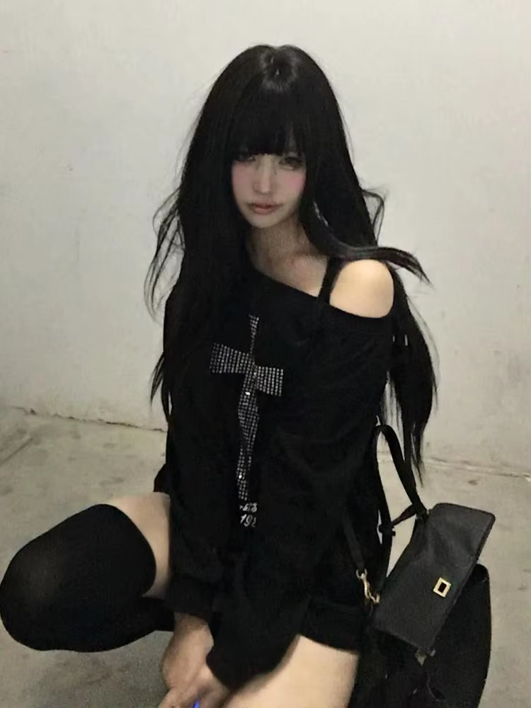 Sweat-shirt à capuche noir à manches longues pour femme, vêtement Harajuku Grunge des années 2000, a