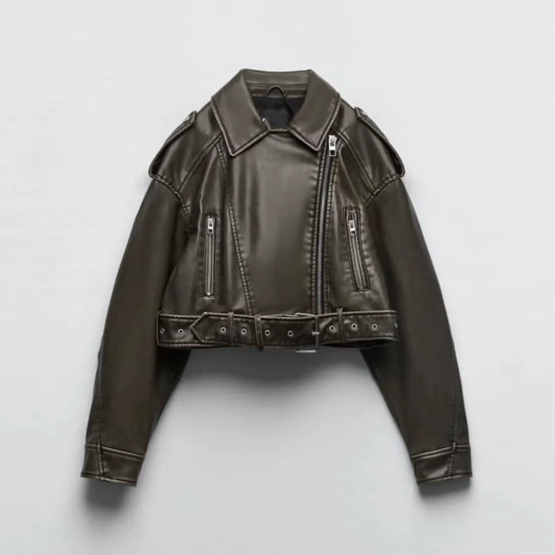 Femmes Vintage ample lavé Faux cuir veste courte Streetwear femme fermeture éclair ceinture Moto Bik