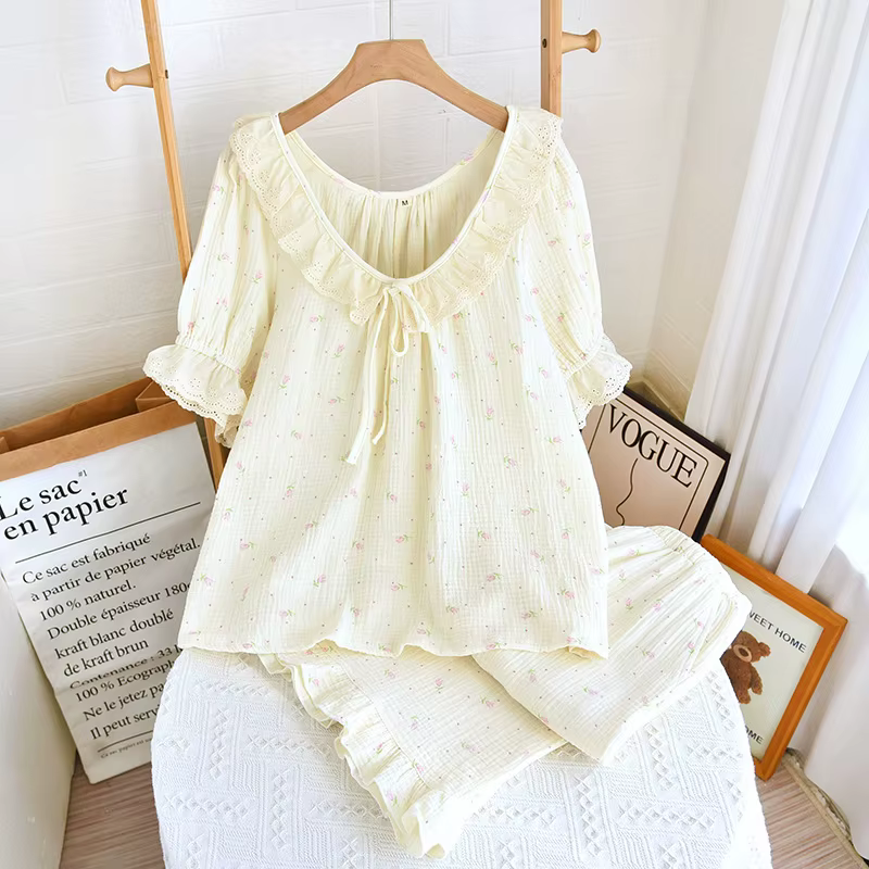 Vêtements de nuit en coton pour femmes, vêtements de maison mignons et doux, dentelle, col en v, pan