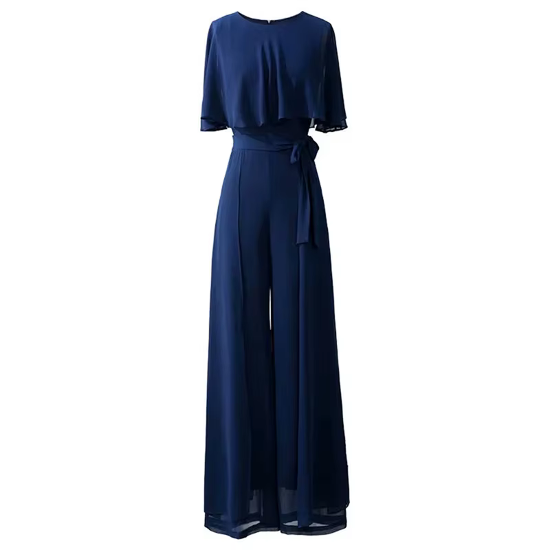 Combinaison longue en mousseline de soie pour femmes, manches feuille de Lotus, ensemble à jambes la