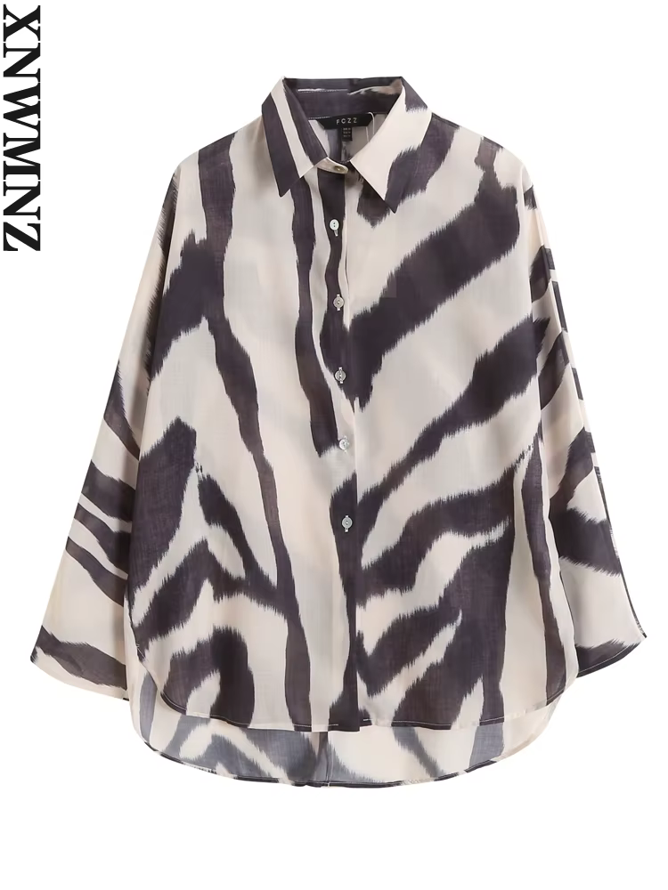 XNWMNZ-Chemise à Manches sulfen Coton et Lin pour Femme, Chemisier Imprimé Zèbre, Décontracté, obser