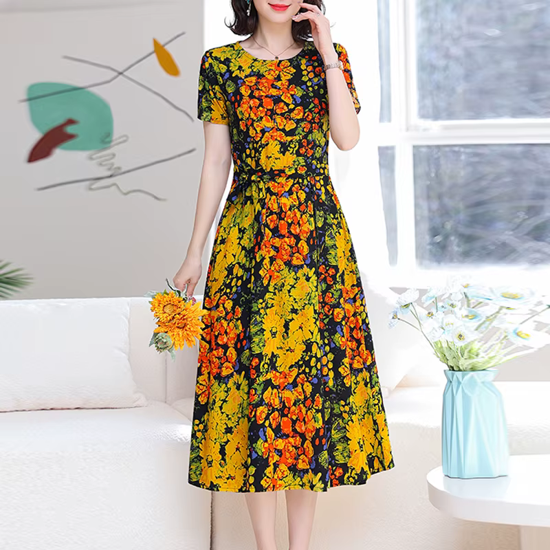 Robe d'été à col rond pour femmes, tenue de soirée en coton, grande taille, style bohème