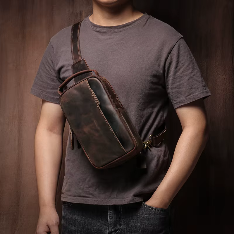 GURO-Sac à bandoulière en cuir véritable pour homme, sac de poitrine vintage, sac de voyage masculin