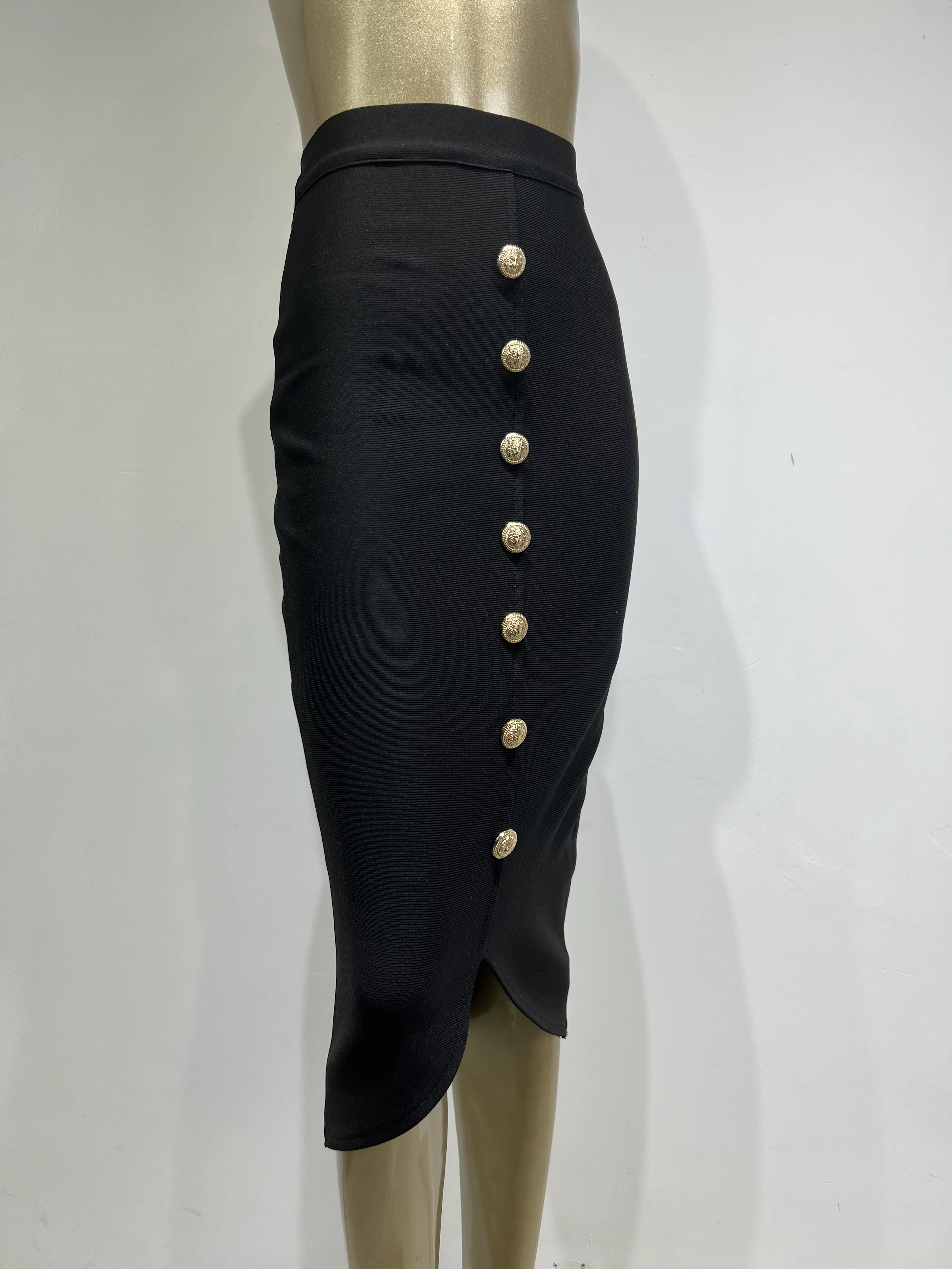 Jupe mi-longue noire à bandes pour femmes, moulante, de styliste, taille haute, fête, bureau, élégan