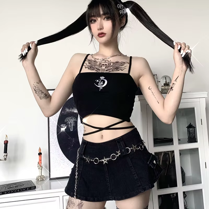 Haut court gothique imprimé à bretelles, sans manches, col carré, Slim, Sexy, col licou, chemise à b