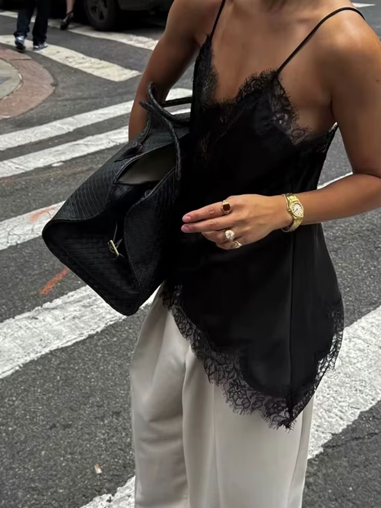 HH Femme Élégante Débardeur à Pois en Dentelle à Ourlet Asymétrique, Camisole Sexy d'Été avec Empièc