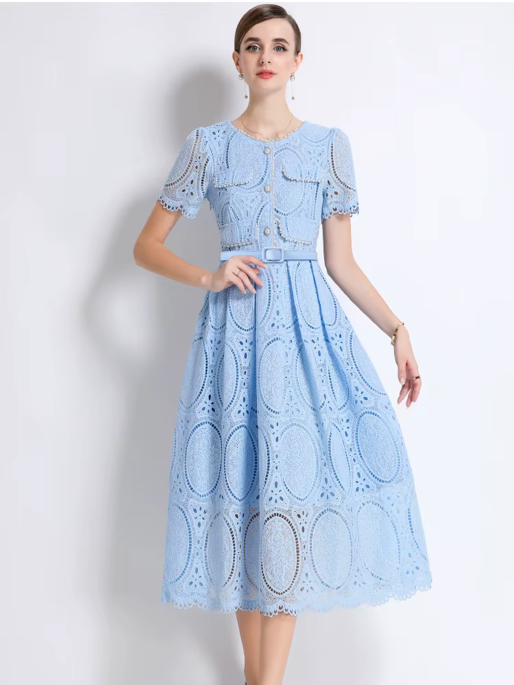 SMTHMA – robe élégante en dentelle, ajourée, perlée, haut de gamme, avec ceinture, col rond, manches