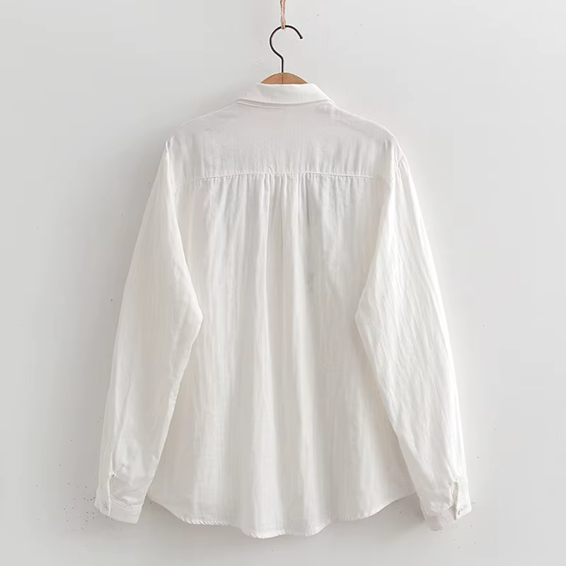 Chemise brodée de fleurs en fil double couche pour femmes, chemisier en coton femme, manches longues