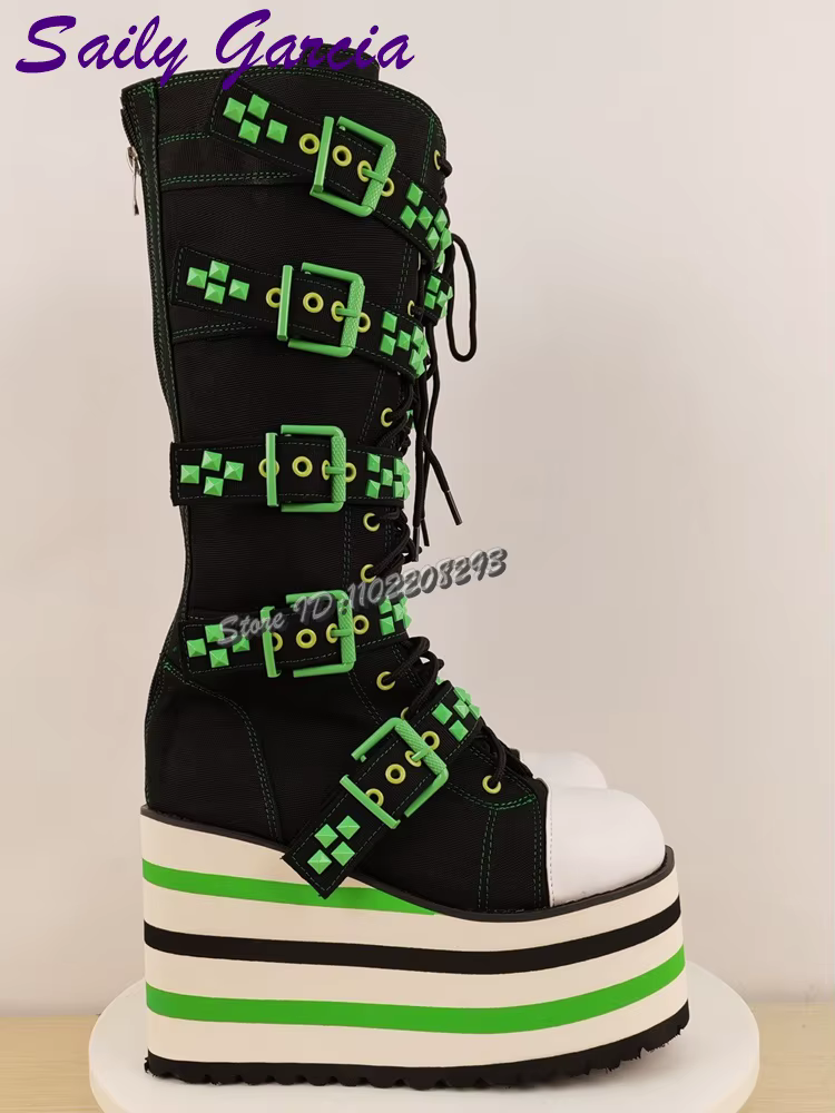Bottes hautes à lacets avec bretelles à boucle verte, Punk, Patchwork, bout rond, plateforme, mode f