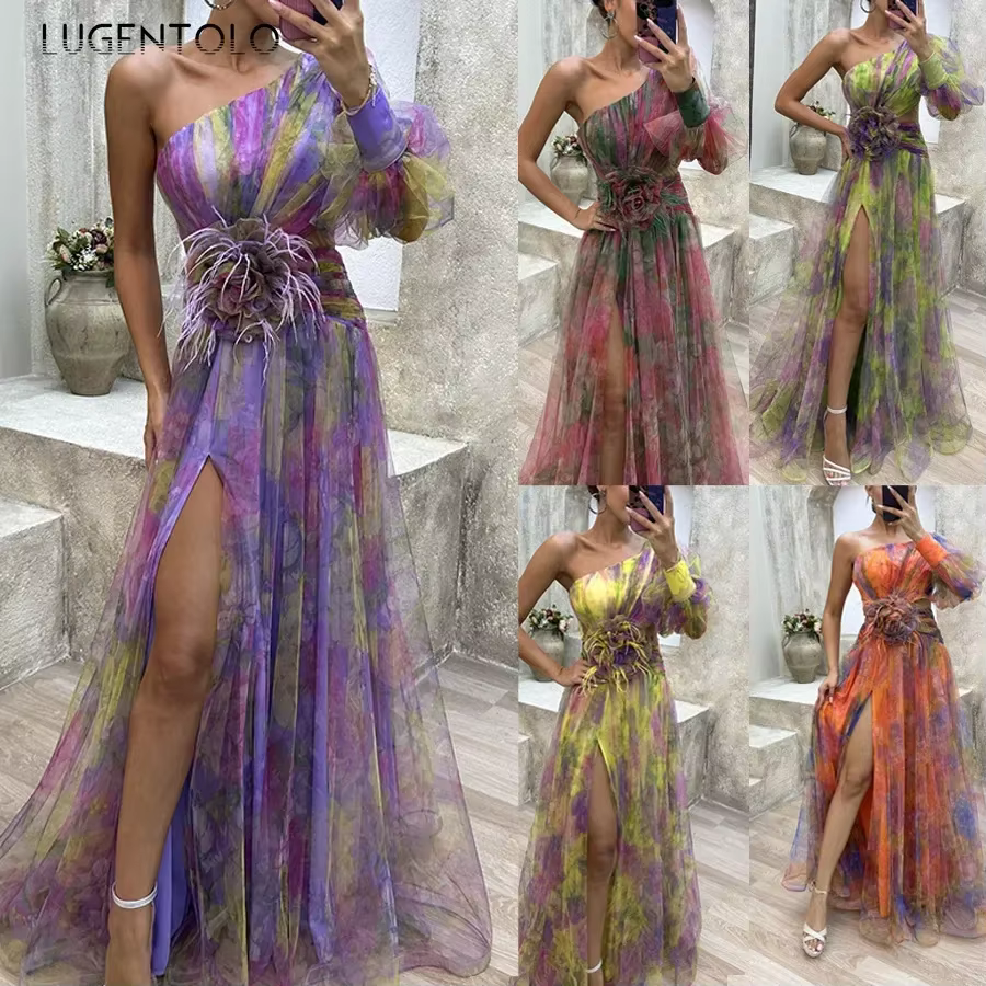 Robe de soirée Sexy pour femmes, découpes en maille, taille fendue, épaules inclinées, grande balanç