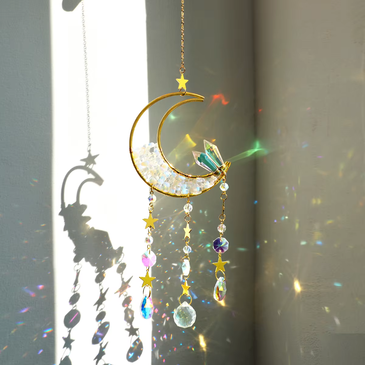 Attrape-rêves en cristal, attrape-soleil pour fenêtre intérieure, boule de prisme, lune, arc-en-ciel